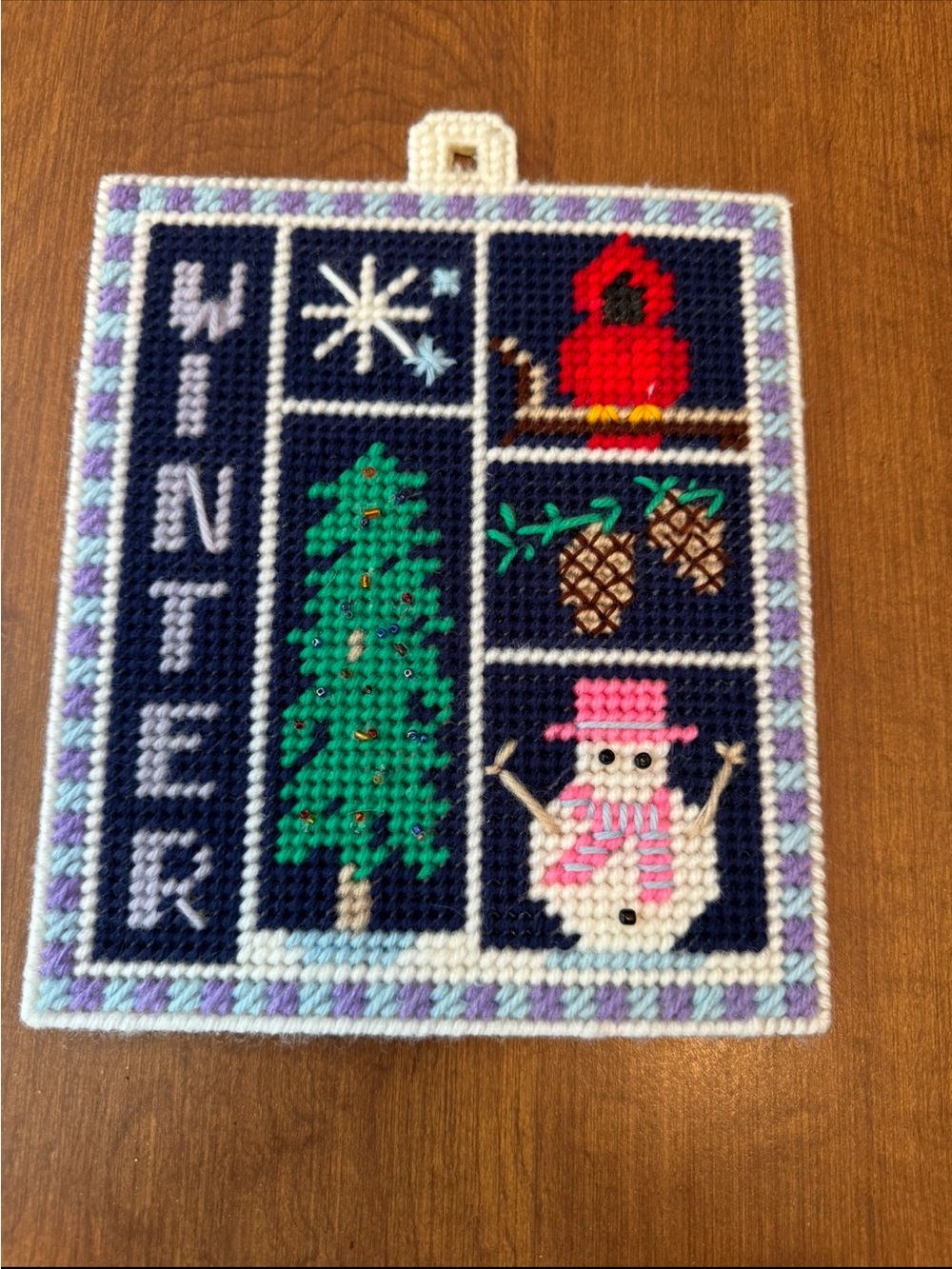 Handmade Winter Needlepoint Wall Hanging - Cardinal snowman